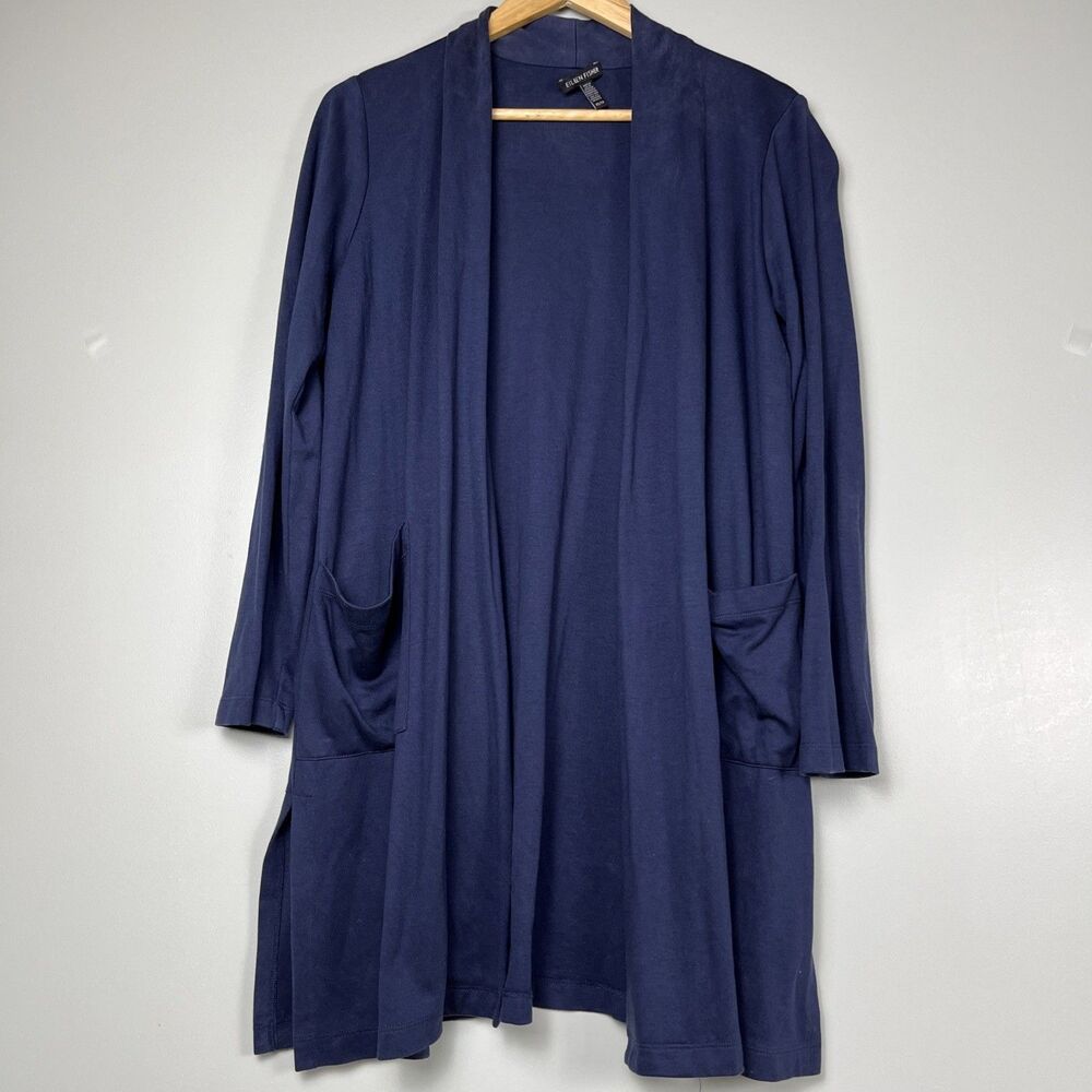 Eileen Fisher Womens Sz XS Open Front Cardigan Navy Blue 2 Pockets Stretch